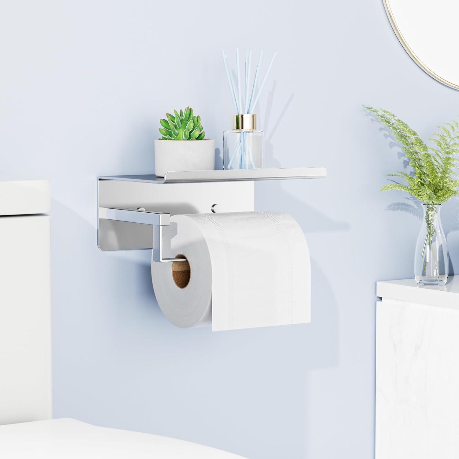 Toilettenpapierhalter Edelstahl mit Ablage Selbstklebend Silber