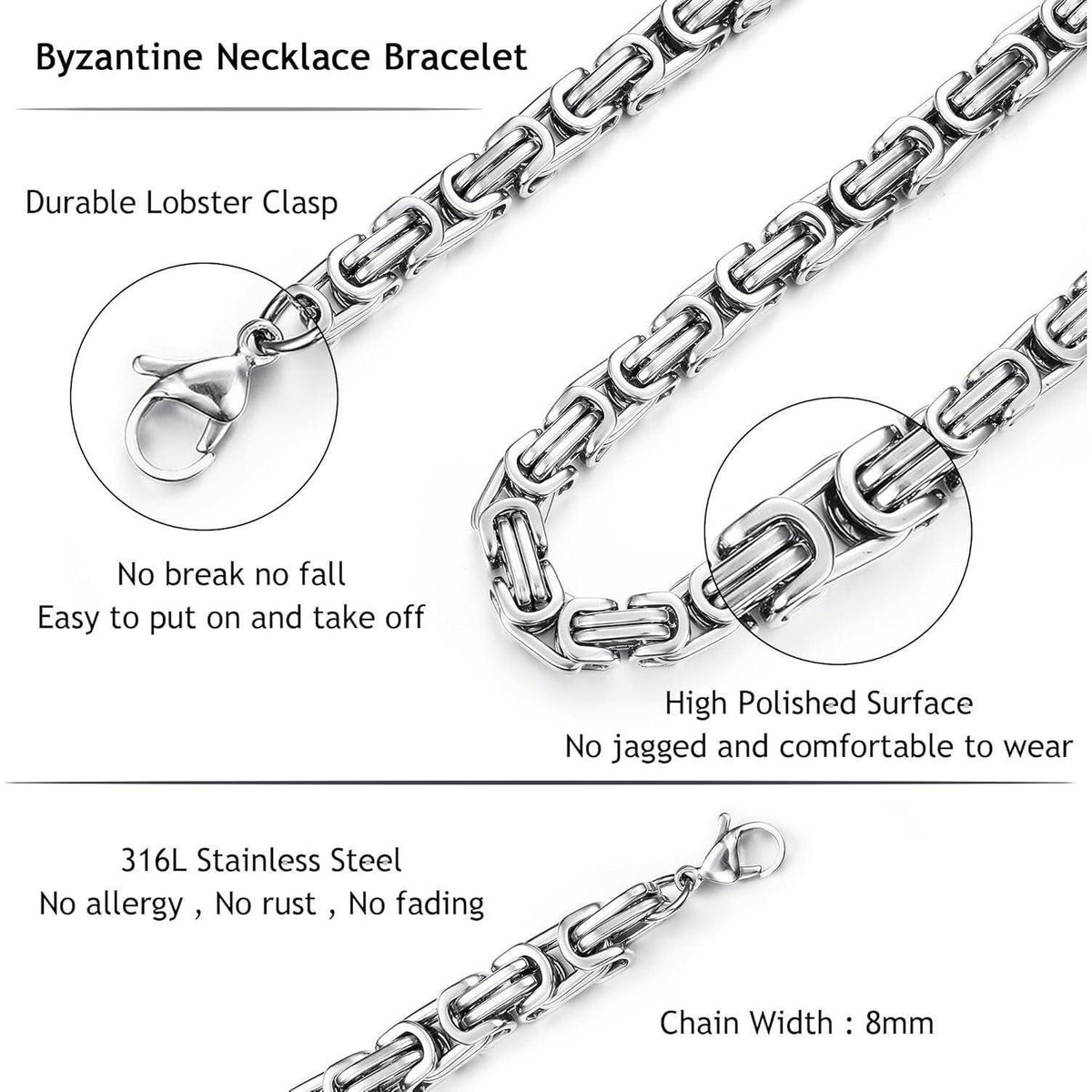 Herren Königskette & Armband Set Edelstahl 6/8mm Byzantinisch