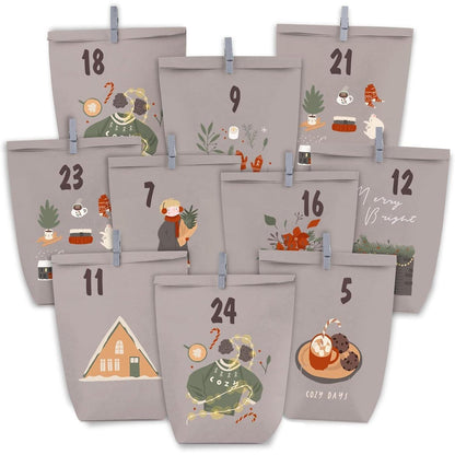 Adventskalender zum Befüllen 24 Kraft braun Lila Tüten mit