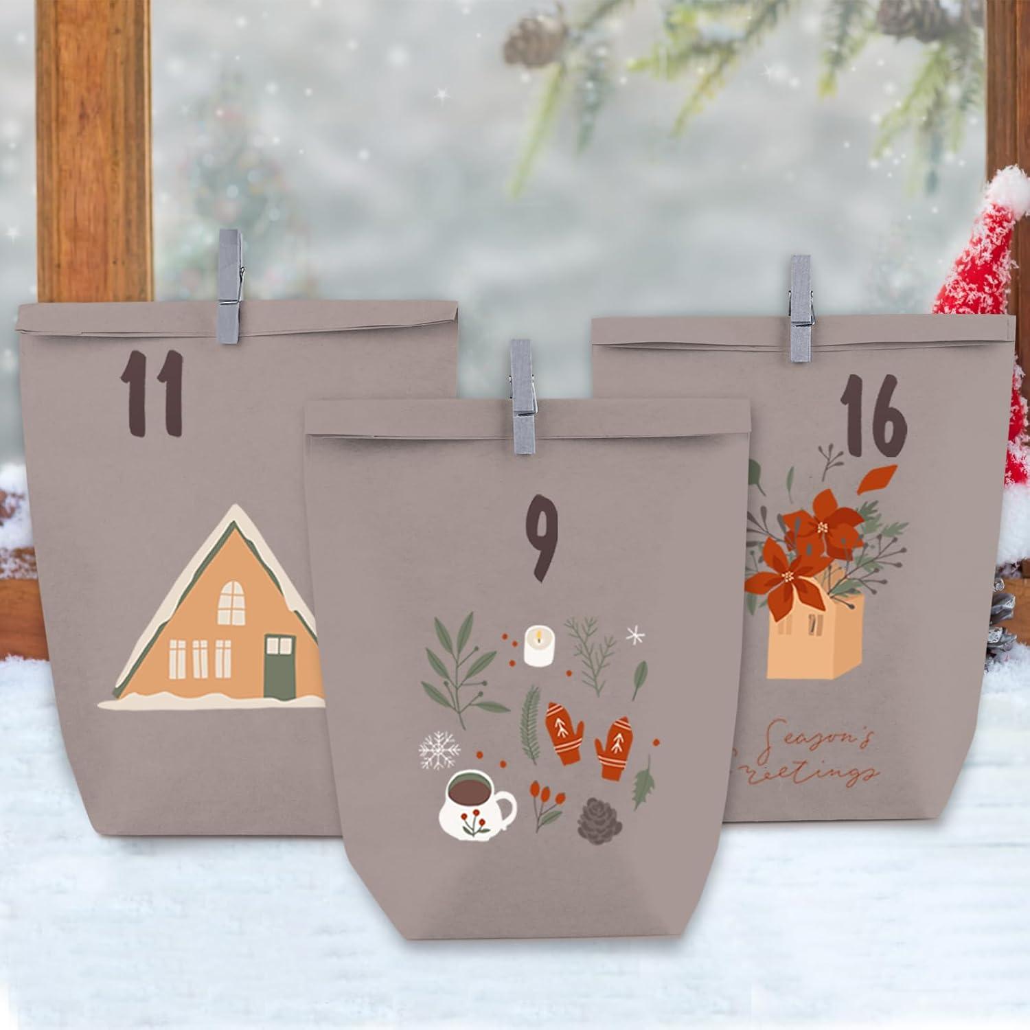 Adventskalender zum Basteln, 24 Grau Lila Papiertüten, Weihnachtsmotiv, Zahlen, Holzklammern
