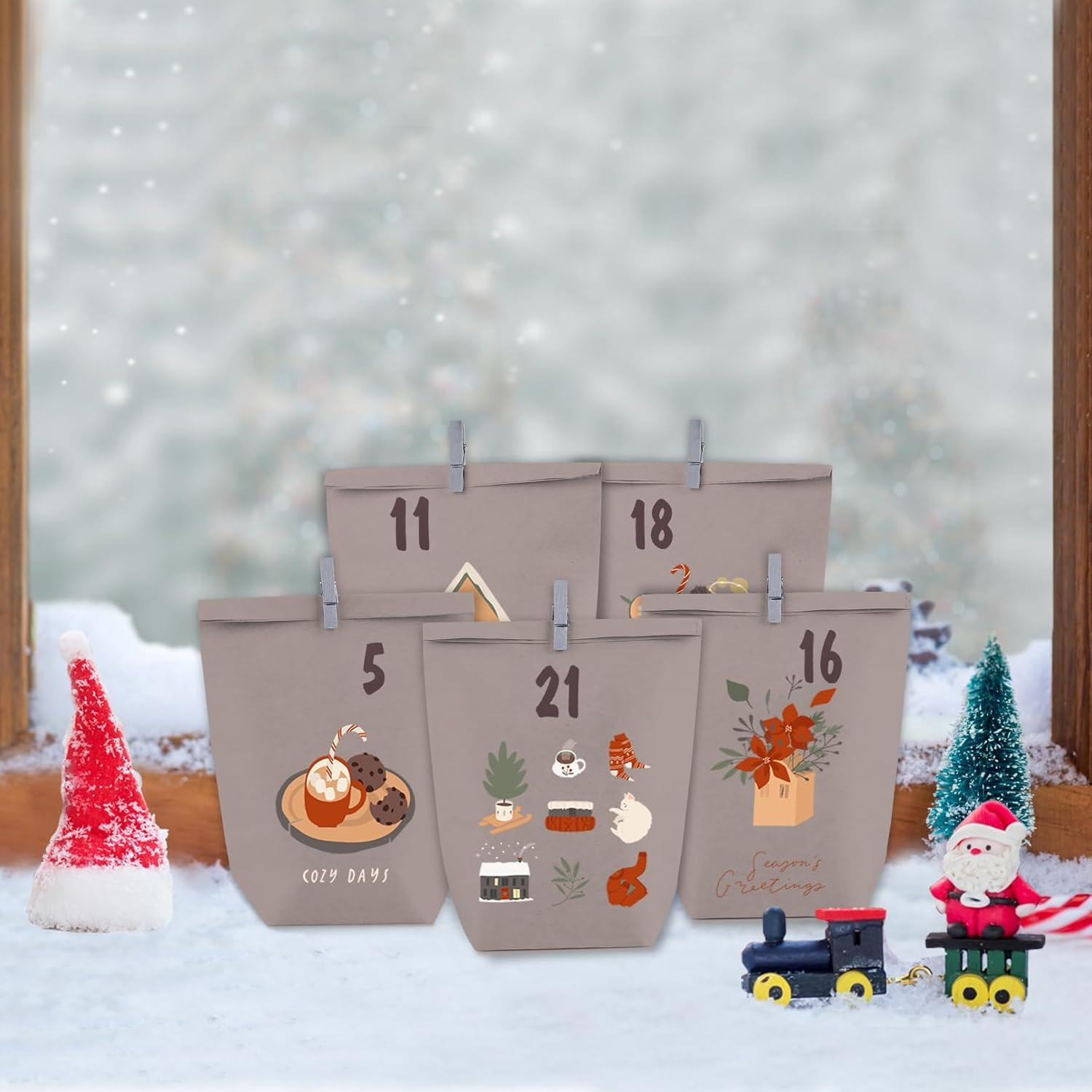 Adventskalender Kraftpapiertüten Grau Lila 24 Weihnachts Tüten DIY Befüllen