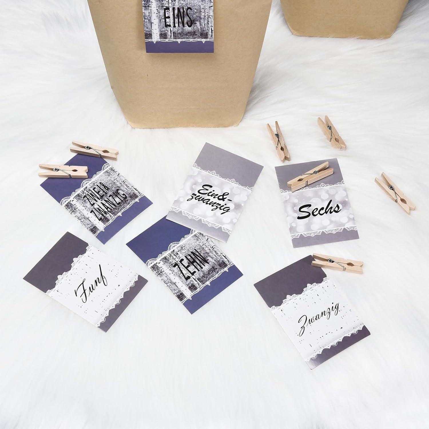 PANSIBY Adventskalender zum Selbstbefüllen, Kraftpapiertüten, 24 Weihnachtskalender Tüten Blau Grau