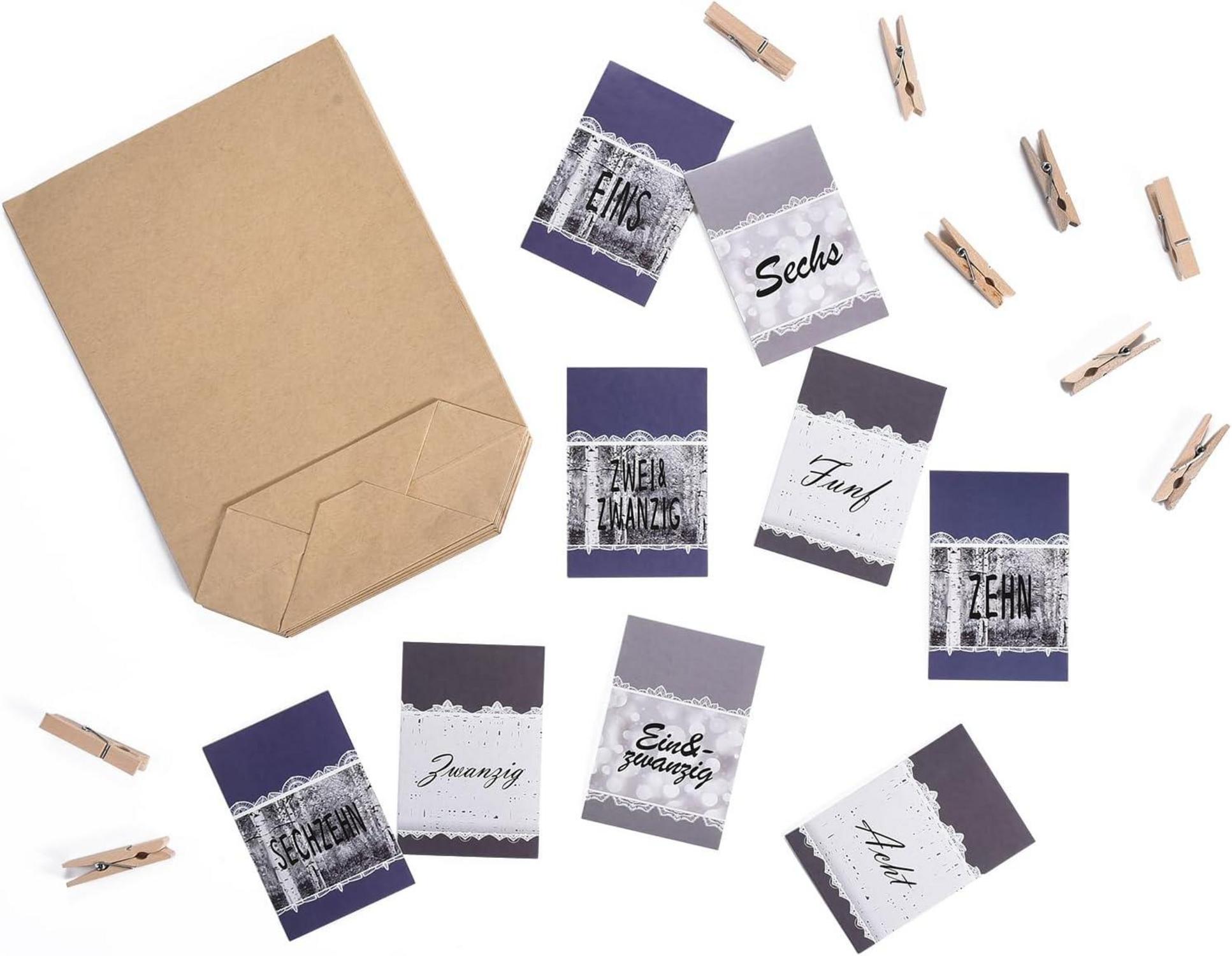 Adventskalender zum Befüllen 24 Weihnachtstüten Kraftpapier Blau Grau
