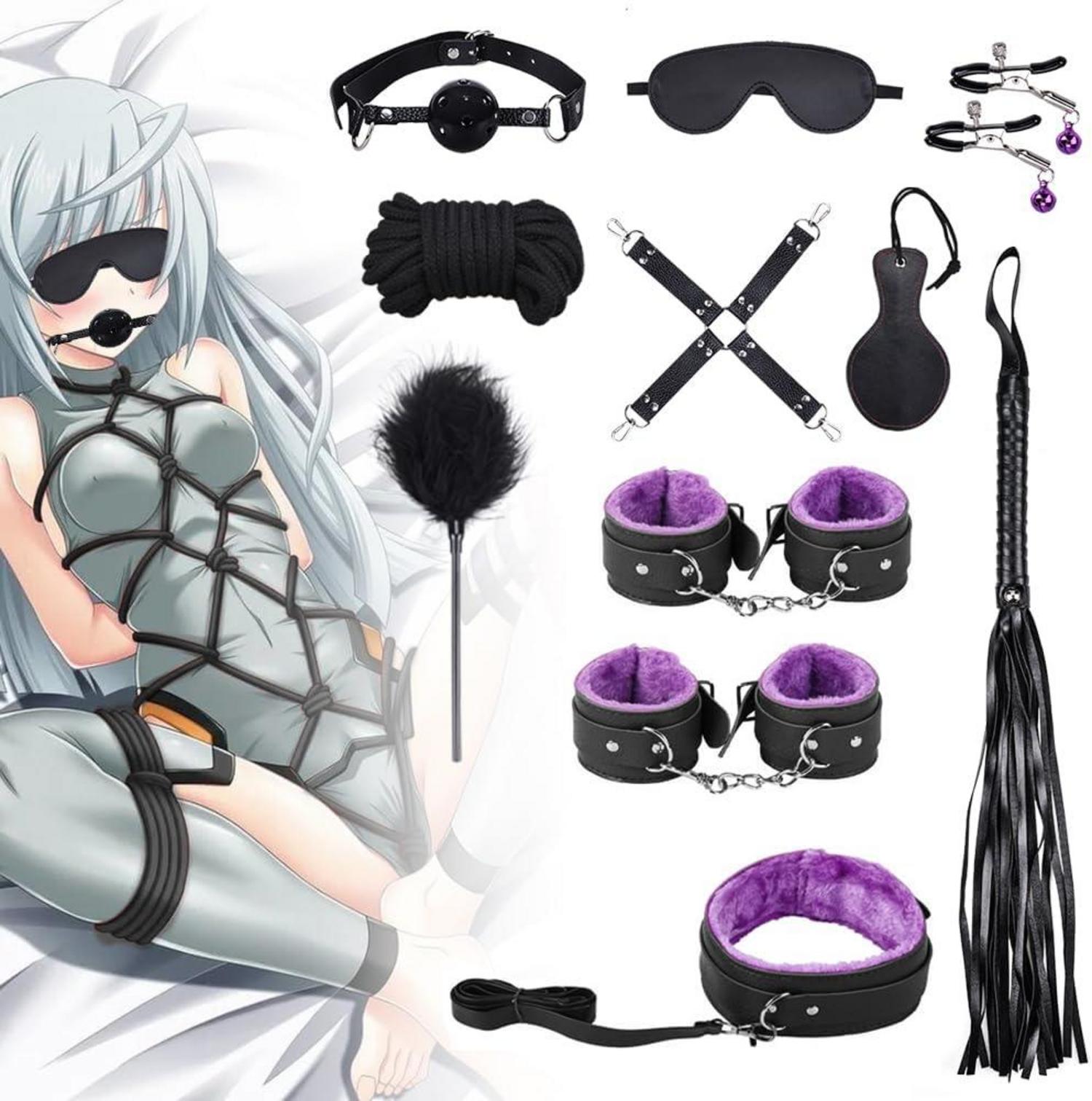 SM Bondage Set 11-teilig Schwarz Lila Erotik Handschellen Fesseln