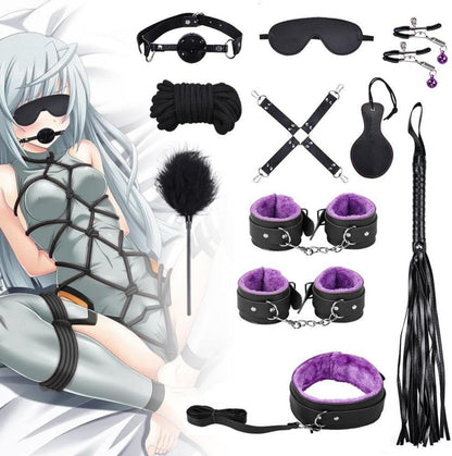 SM Bondage Set 11-teilig Schwarz Lila Erotik Handschellen Fesseln