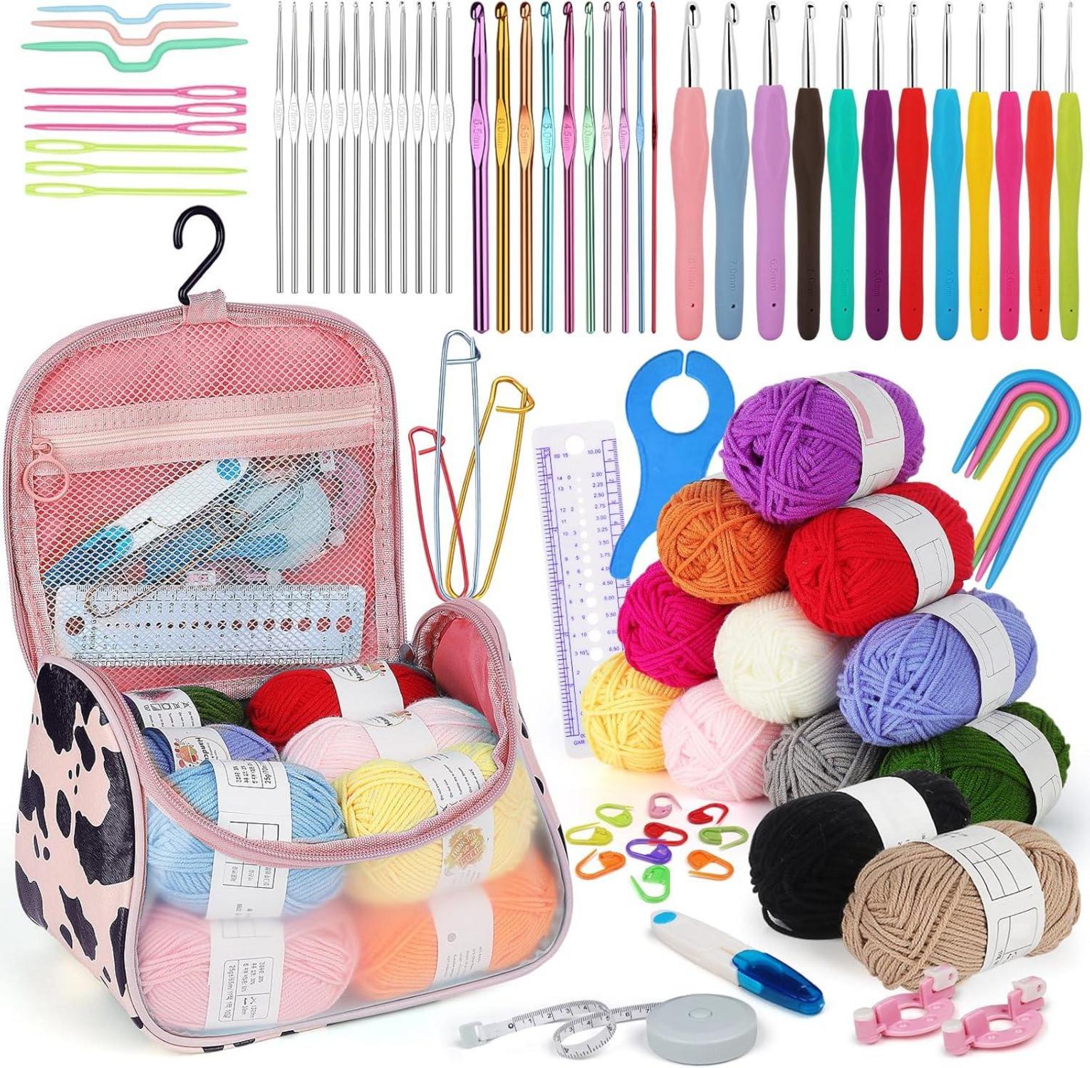 Häkelset Anfänger Acrylwolle Zubehör Tasche Nadeln 0,6-8,0 mm Rosa