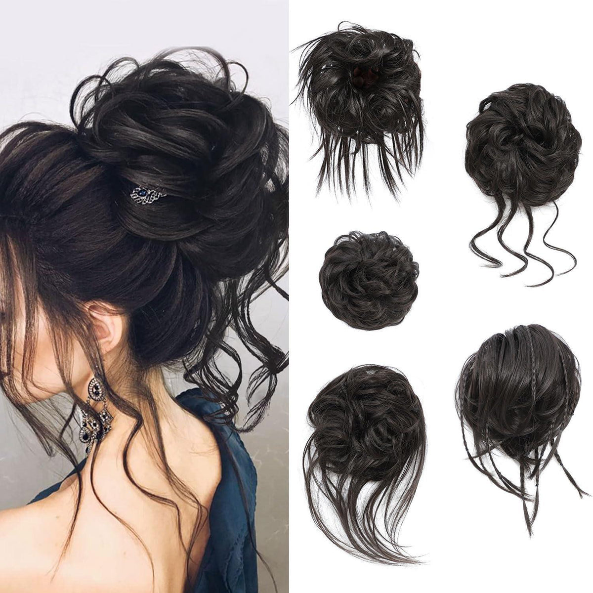 5er Pack Messy Bun Haarteile mit Gummiband, gewellt