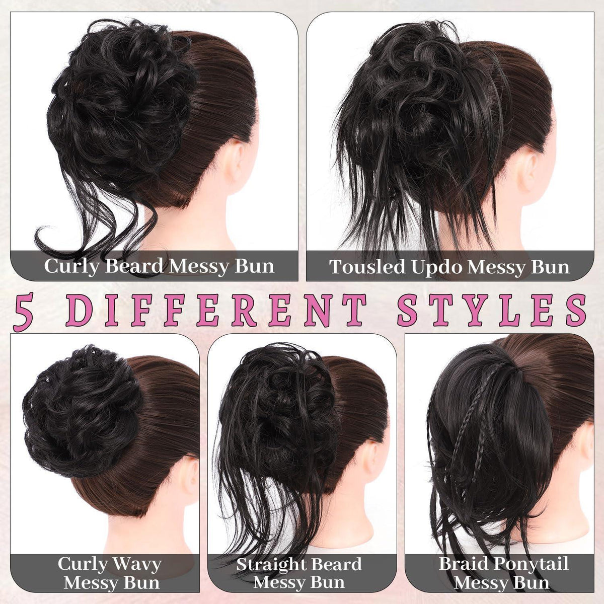 5er Pack Messy Bun Haarteile mit Gummiband, gewellt