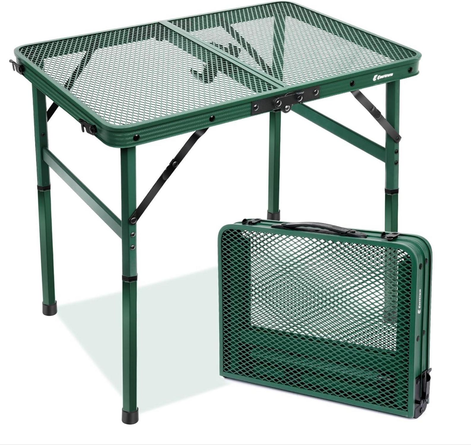 Klappbarer Campingtisch mit Metallgitterplatte, 2 Höhen, Grün