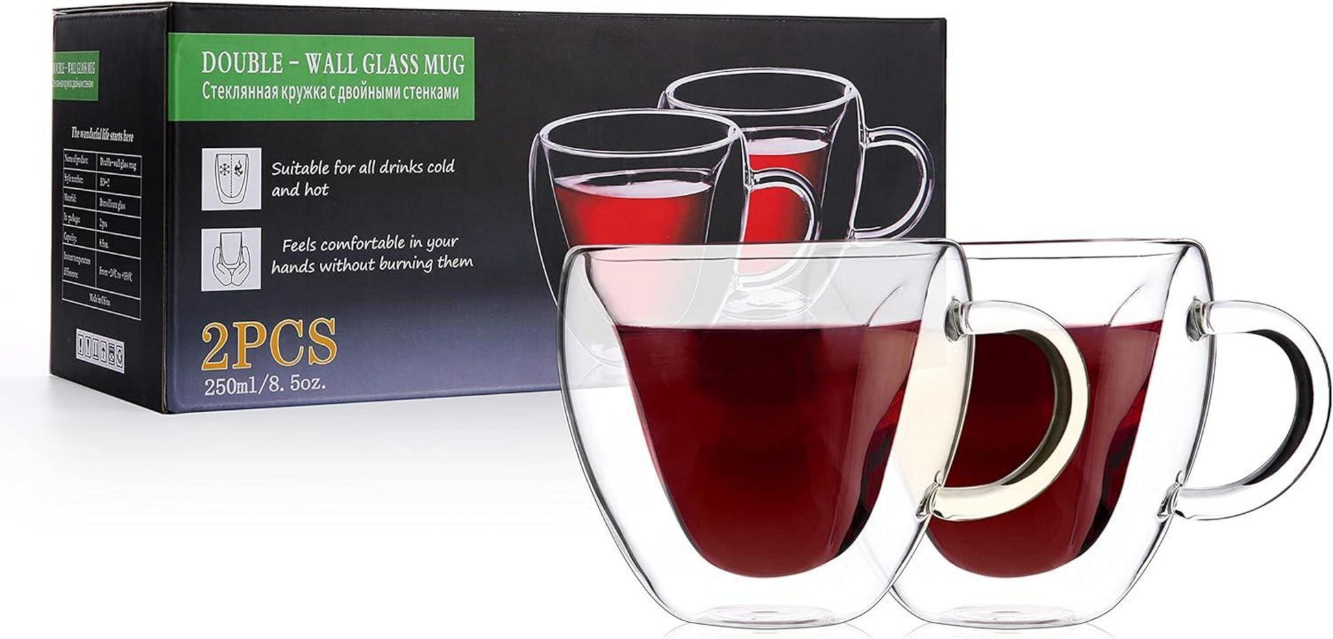 Doppelwandige herzförmige Glas-Kaffeebecher Set 2x250ml für Kaffee und
