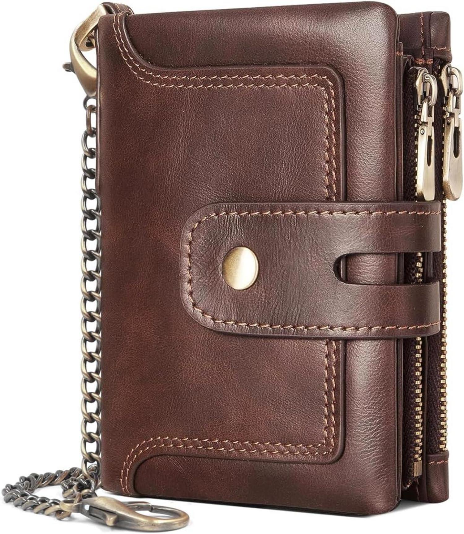REETEE RFID Schutz Leder Geldbörse Herren Slim Portemonnaie mit Kette