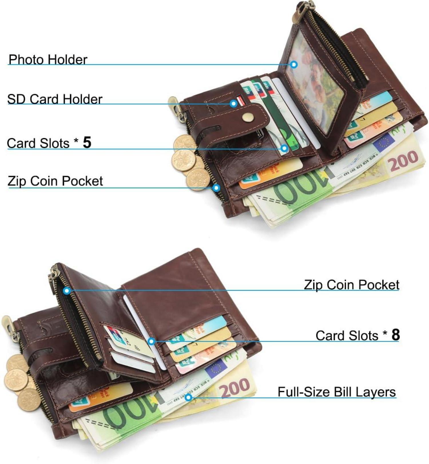 REETEE RFID Schutz Leder Geldbörse Herren Slim Portemonnaie mit Kette