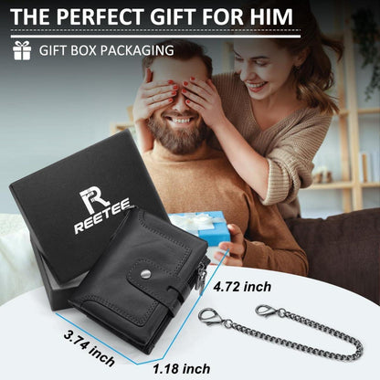 Herren RFID Leder Geldbörse Portemonnaie mit Kette 15 Karten Schwarz