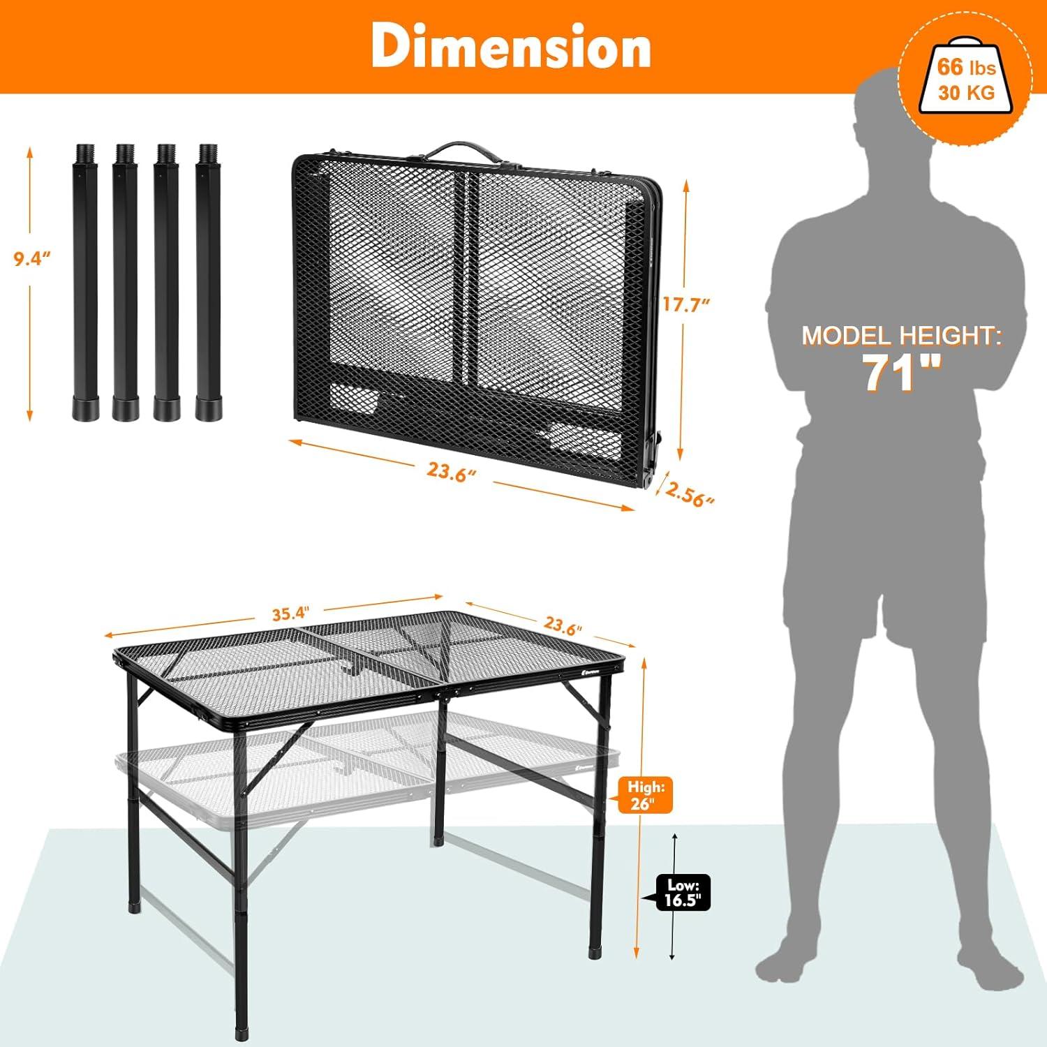 Klappbarer Campingtisch mit Metallgitterplatte, 90x60cm, Schwarz