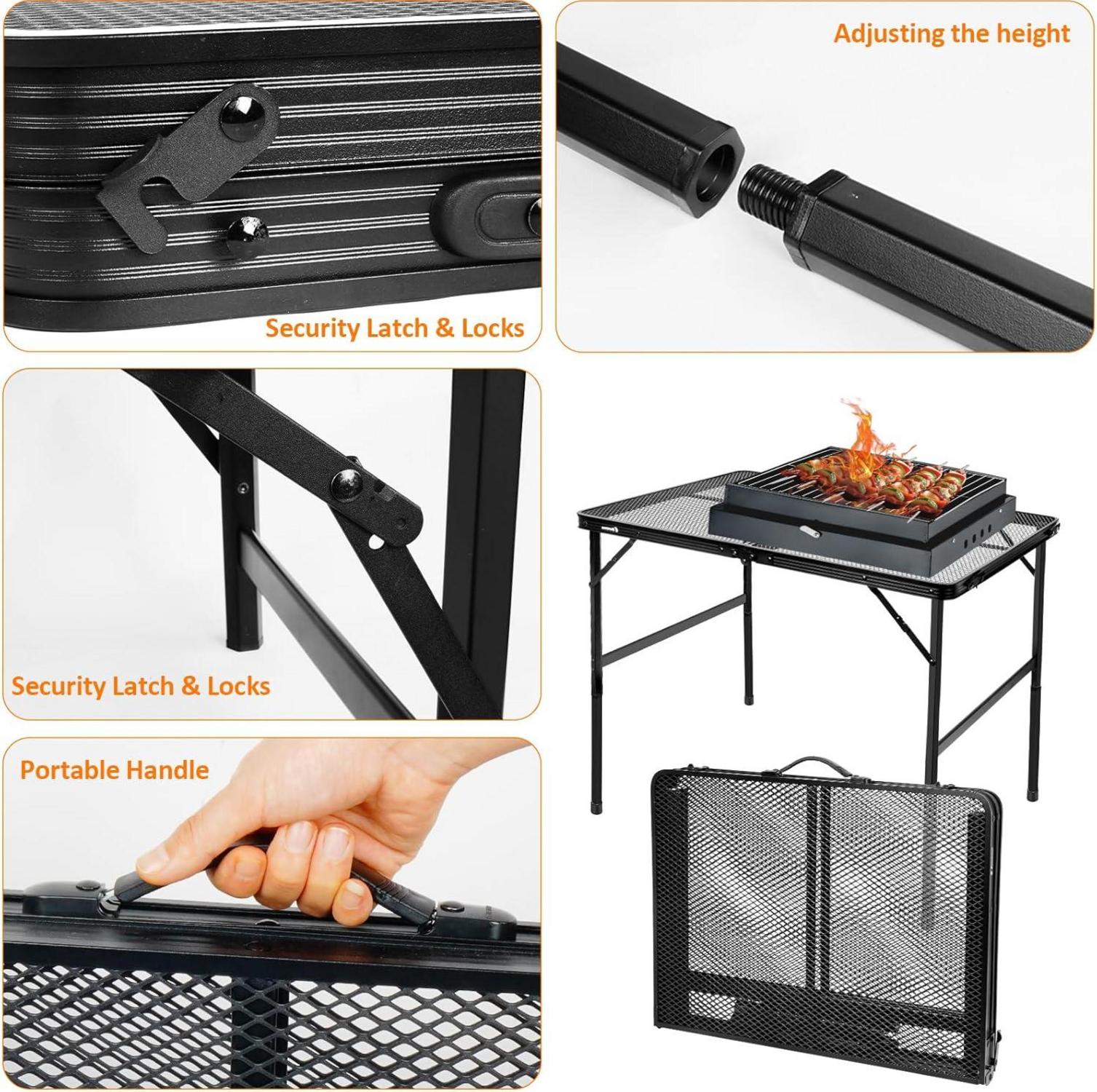 Klappbarer Campingtisch 90×60cm Metallgitterplatte 2 Höhen verstellbar