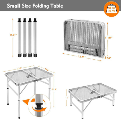 Klappbarer Campingtisch mit Metallgitterplatte und 2