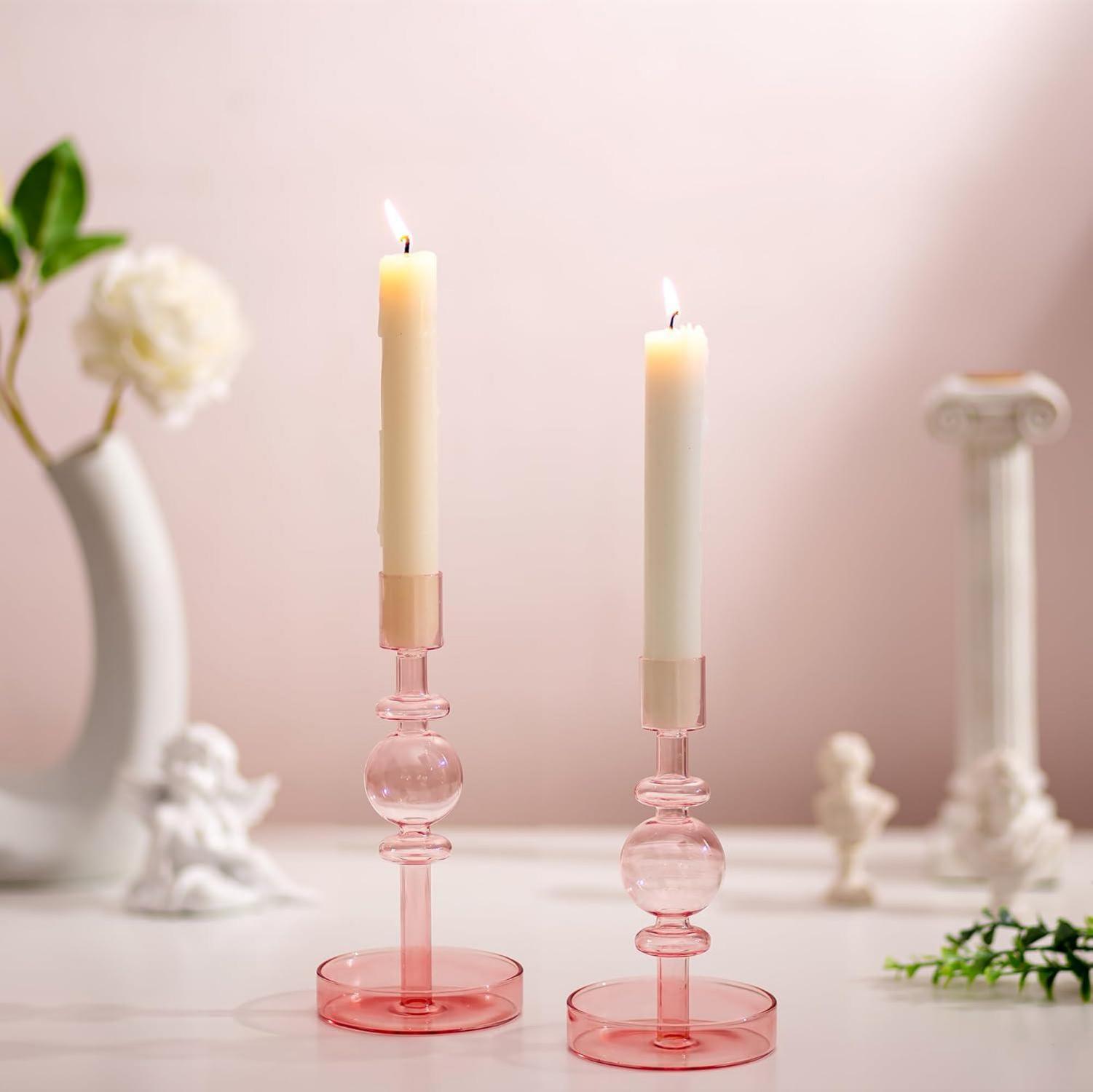 Glas Kerzenhalter Set 2 Hoch Rosa Deko Wohnzimmer Modern