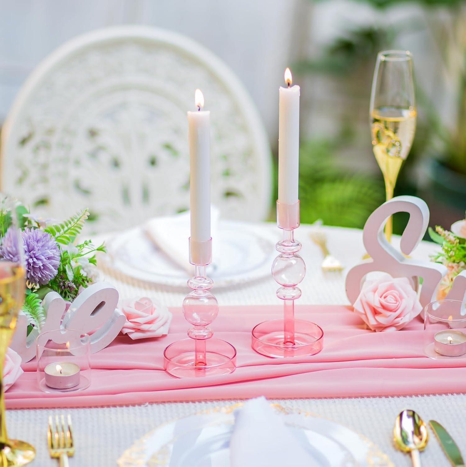 Glas Kerzenhalter Set 2 Hoch Transparent Pink Bernstein für Hochzeit Weihnachten Modern-tischdeko
