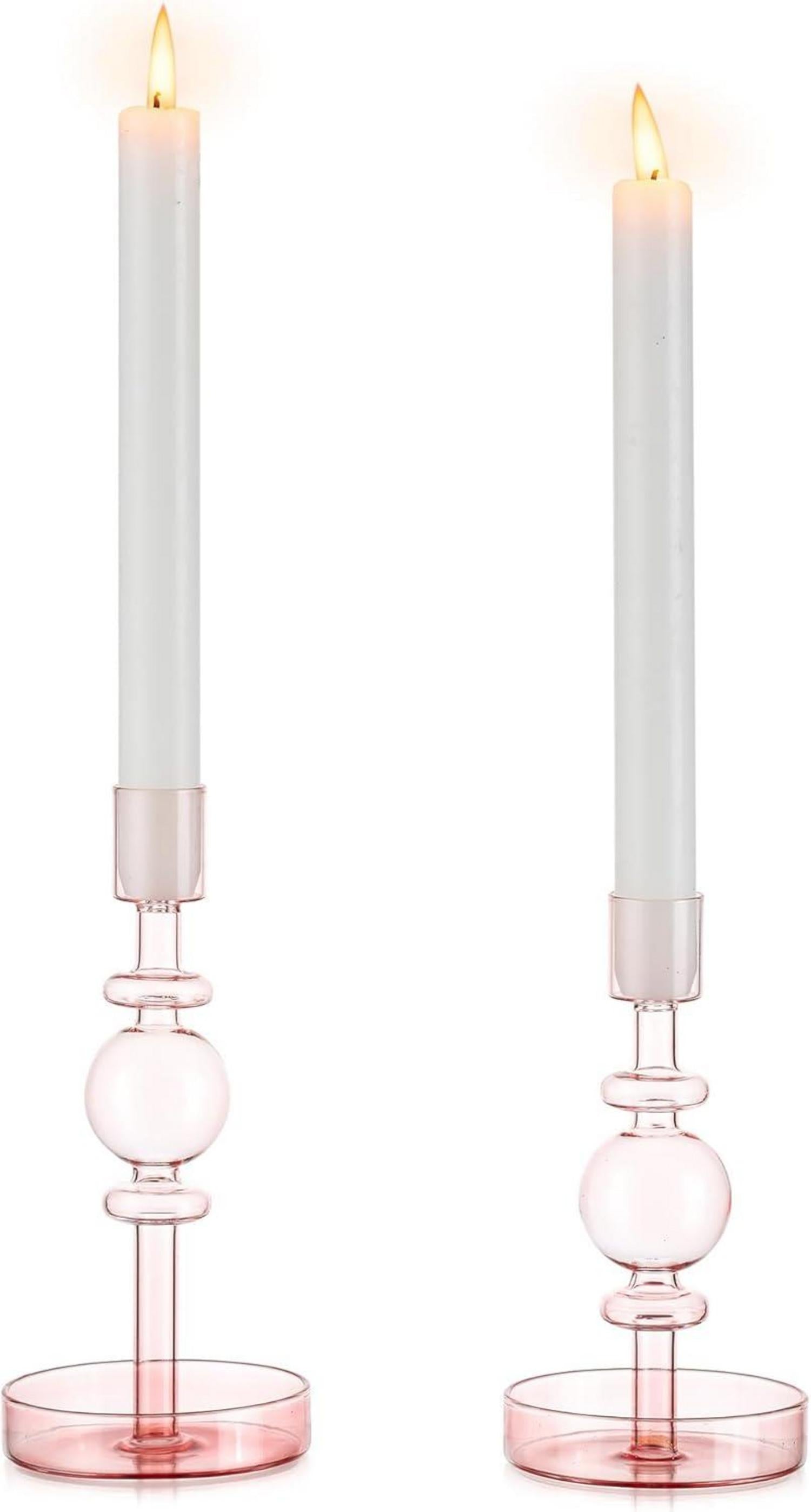 Glas Kerzenhalter Set 2 Stabkerzen Ständer Hoch Rosa Weihnachten Modern