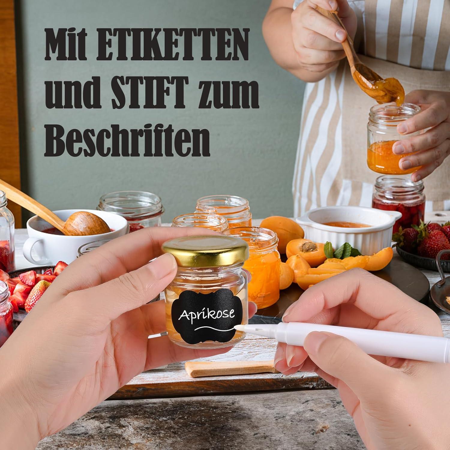 24 Mini Einmachgläser 40ml Schraubdeckel Etiketten Stift Marmelade Honig