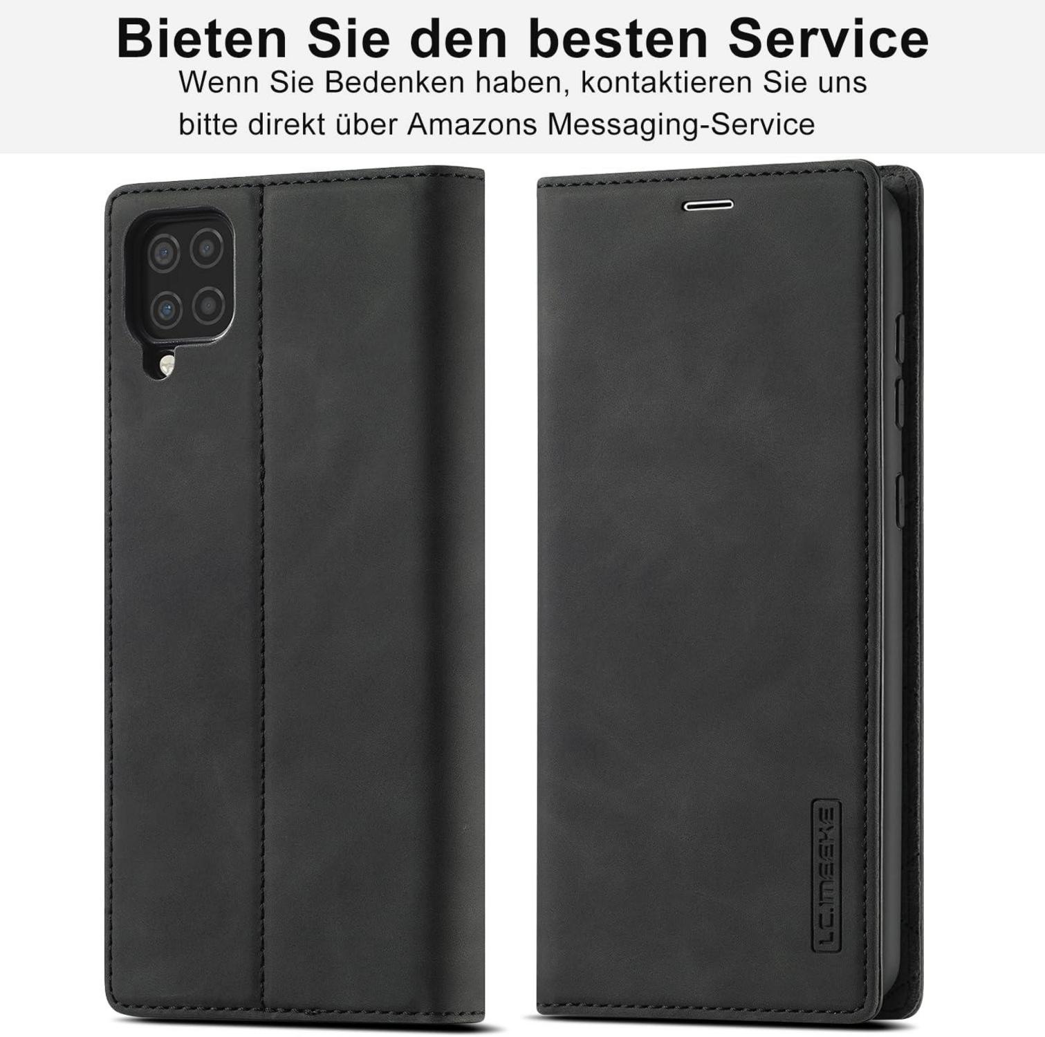 Handyhülle Samsung Galaxy A12 M12 Leder Wallet Schwarz Schutzfolie