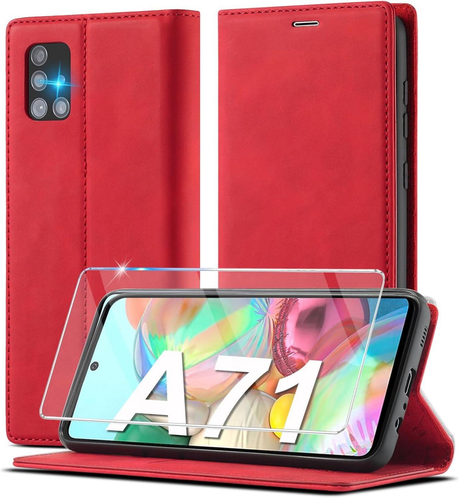 Samsung Galaxy A71 Hülle Leder Klappbar Wallet Schutzfolie Rot