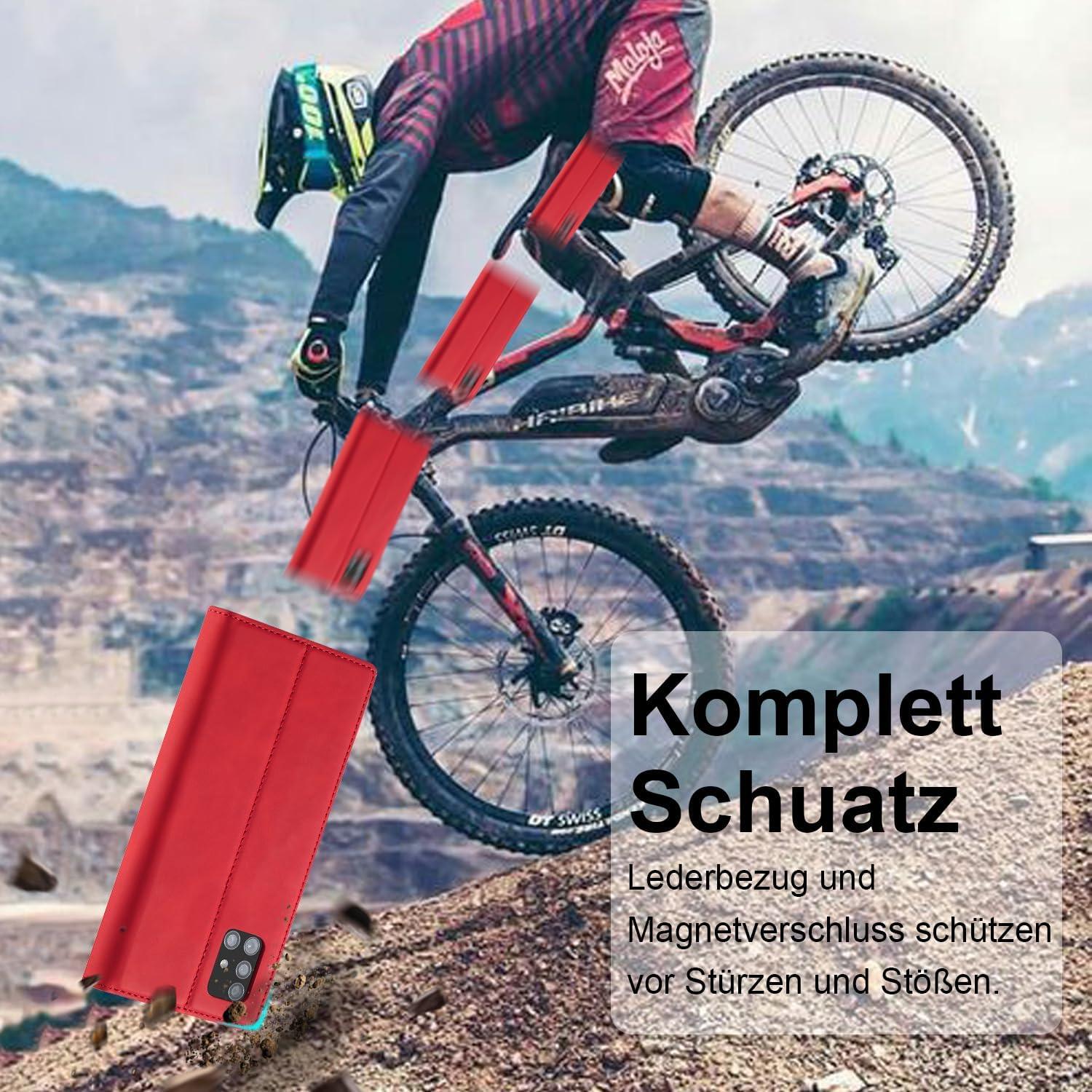 Samsung Galaxy A71 Hülle Leder Wallet Schutzfolie Klappbar Stoßfest Rot