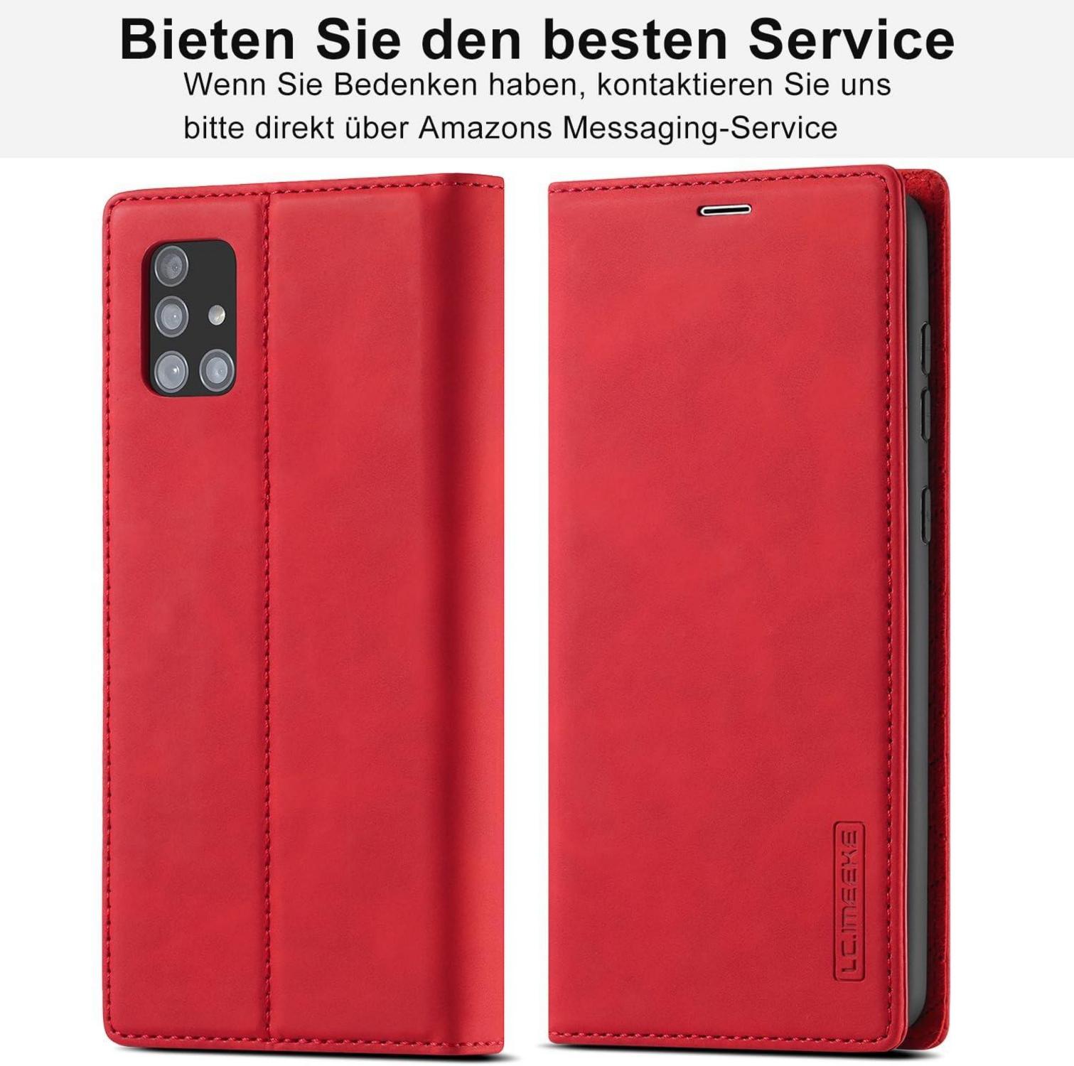 Samsung Galaxy A71 Hülle Leder Wallet Schutzfolie Klappbar Stoßfest Rot