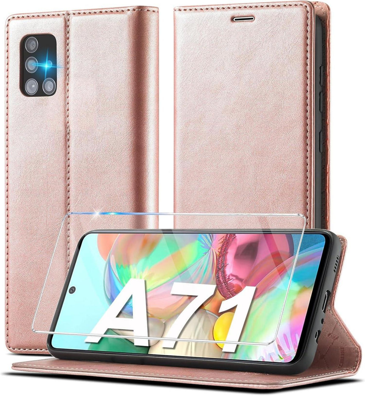 Samsung Galaxy A71 Hülle Leder mit Schutzfolie und Standfunktion