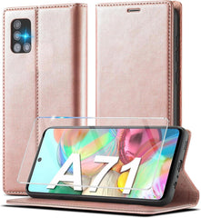 Samsung Galaxy A71 Hülle Leder mit Schutzfolie und Standfunktion