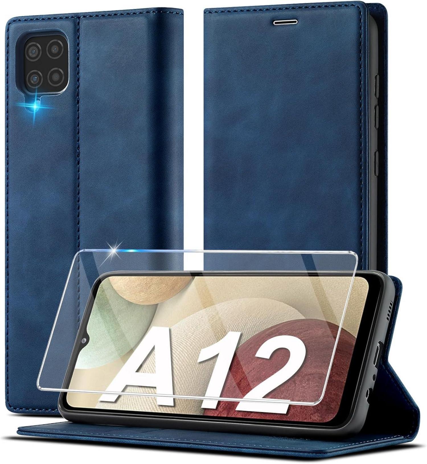 Handyhülle Samsung Galaxy A12 M12 Leder mit Schutzfolie & Ständer