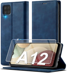 Handyhülle Samsung Galaxy A12 M12 Leder mit Schutzfolie & Ständer