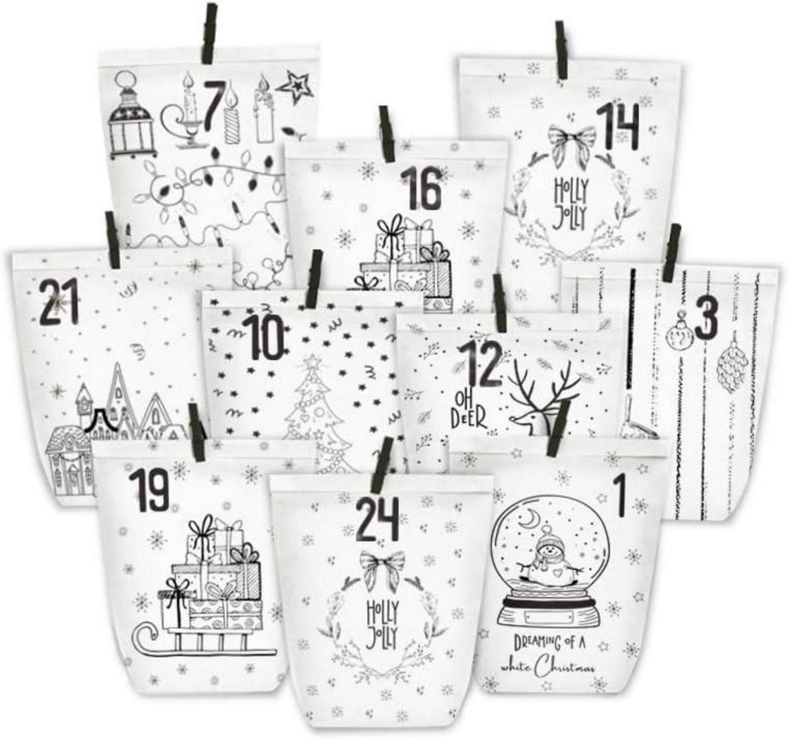 Adventskalender zum Befüllen 24 Weihnachtsmotiv Tüten Weiß Kraftpapier