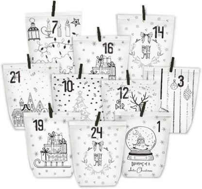 Adventskalender zum Befüllen 24 Weihnachtsmotiv Tüten Weiß Kraftpapier