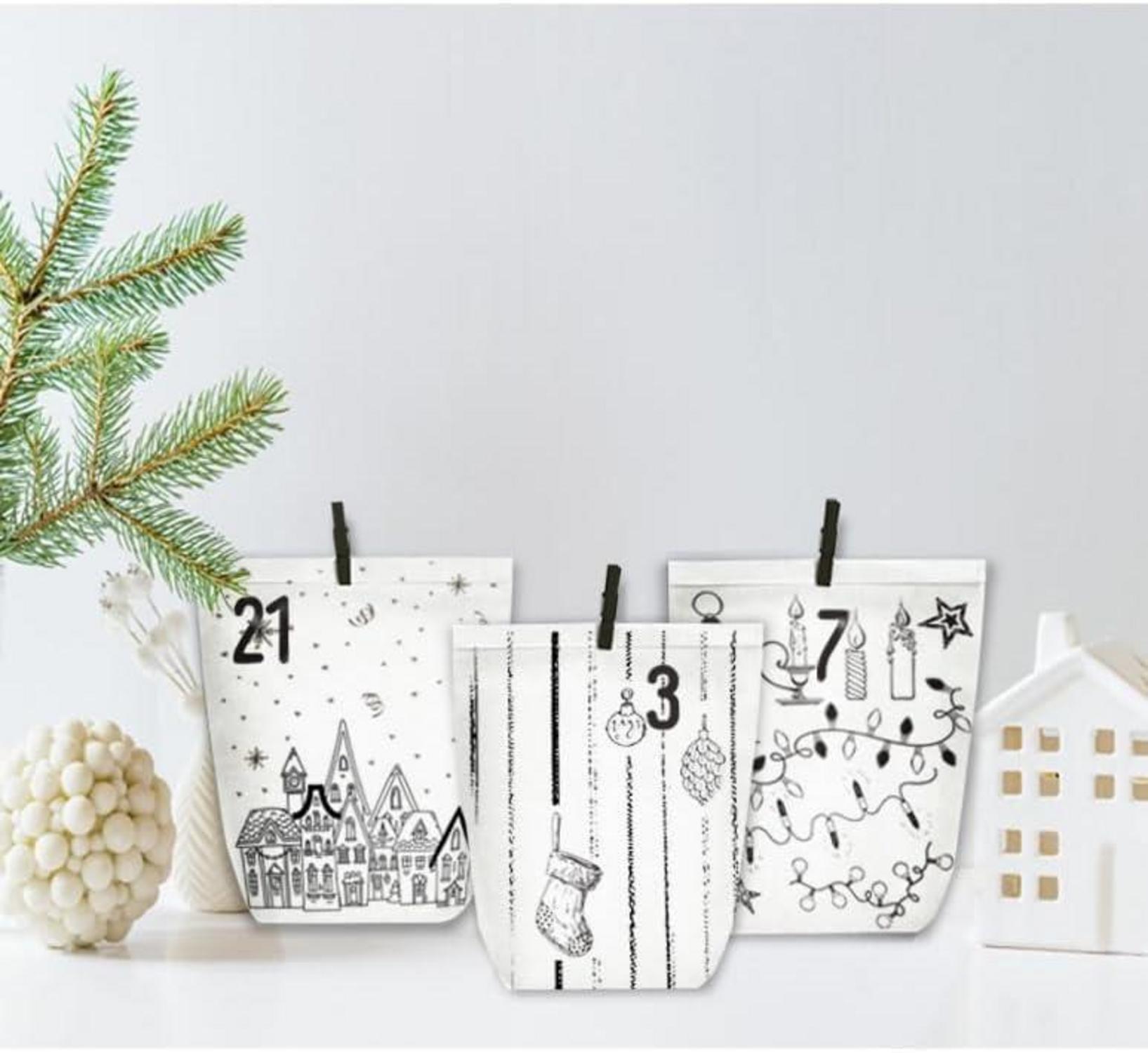 Adventskalender zum Befüllen mit 24 Weihnachtsmotiven, Papiertüten Set