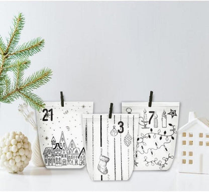 Adventskalender zum Befüllen mit 24 Weihnachtsmotiven, Papiertüten Set