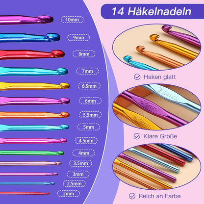 76-teiliges Häkelset mit ergonomischen Nadeln Multicolor Aluminium Profi-Set