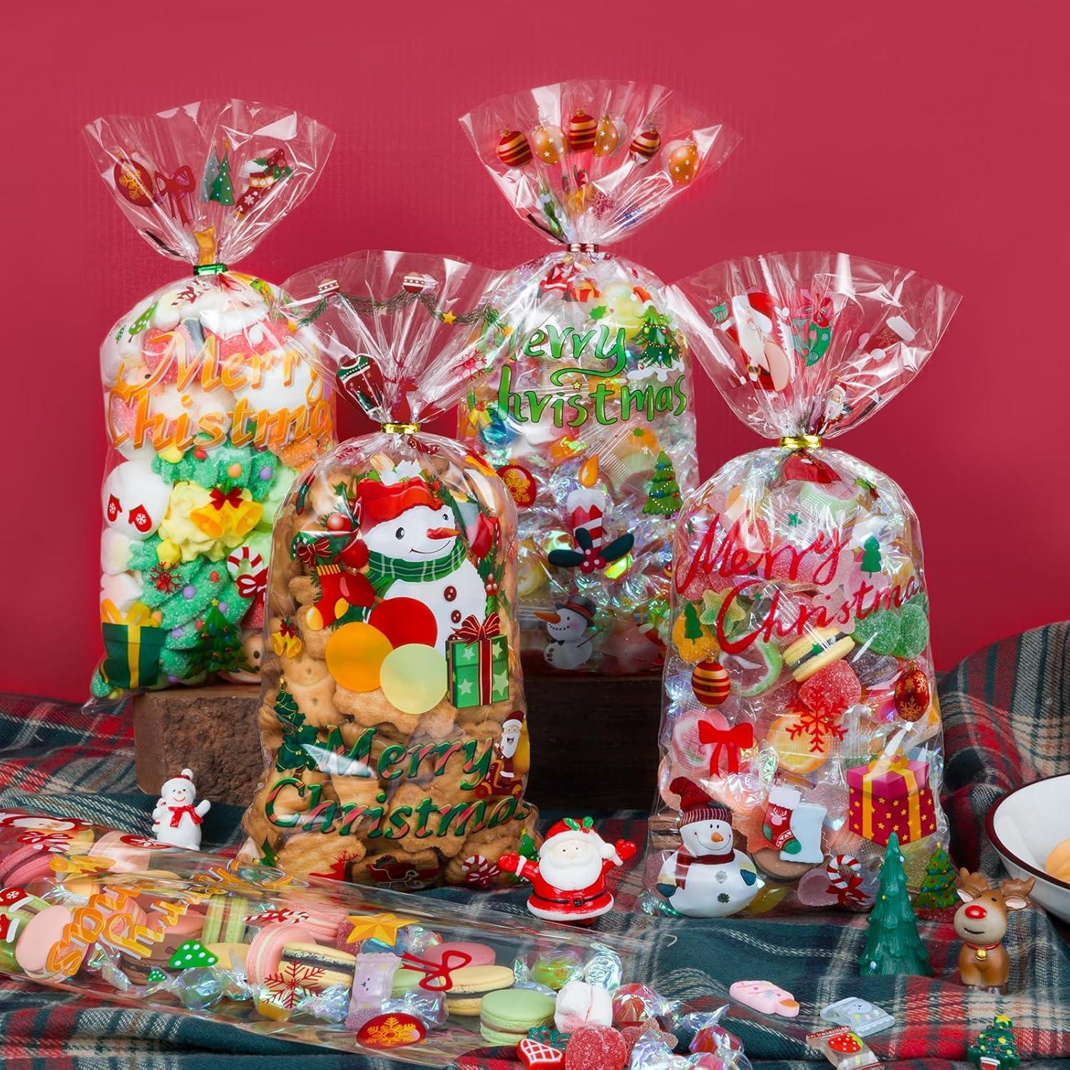 120 Weihnachts Cellophantüten mit Bindebänder Transparent
