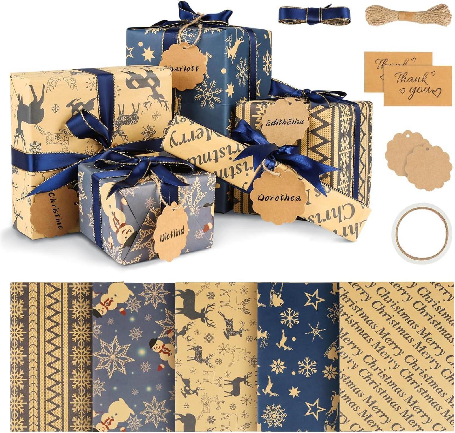 Weihnachtsgeschenkpapier Set 10 Blatt 50x76cm mit Band & Tags