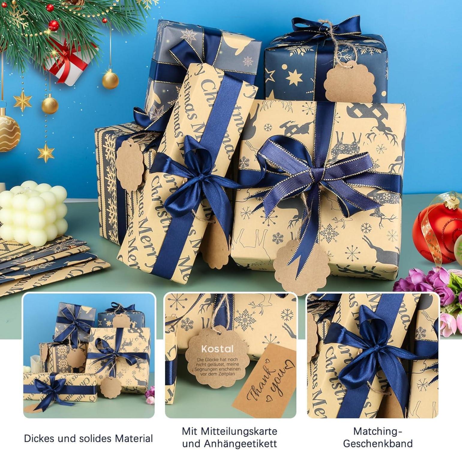 10 Blatt Kraft Geschenkpapier Weihnachten 50x76cm mit Band und Etiketten