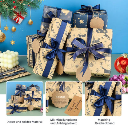 10 Blatt Kraft Geschenkpapier Weihnachten 50x76cm mit Band und Etiketten