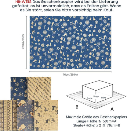 Weihnachtsgeschenkpapier-Set 10 Blatt 50x76cm Kraftpapier Schleife Etiketten