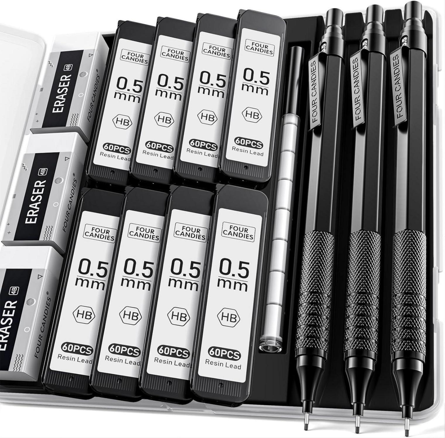 Druckbleistift-Set mit 480 Metallminen, 3 Radiergummis
