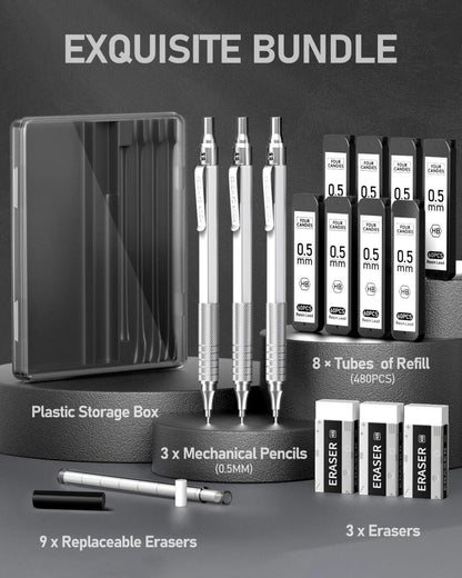 Druckbleistift-Set 0,5 mm: Metall-Künstlerstift, 480 HB-Minen, 3