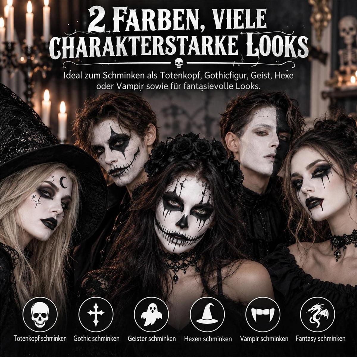 Halloween Schminke Set Schwarz Weiß für Gesicht und Körper