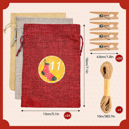 Adventskalender zum Befüllen Weihnachtskalender 24 Stoffbeutel 18x13cm