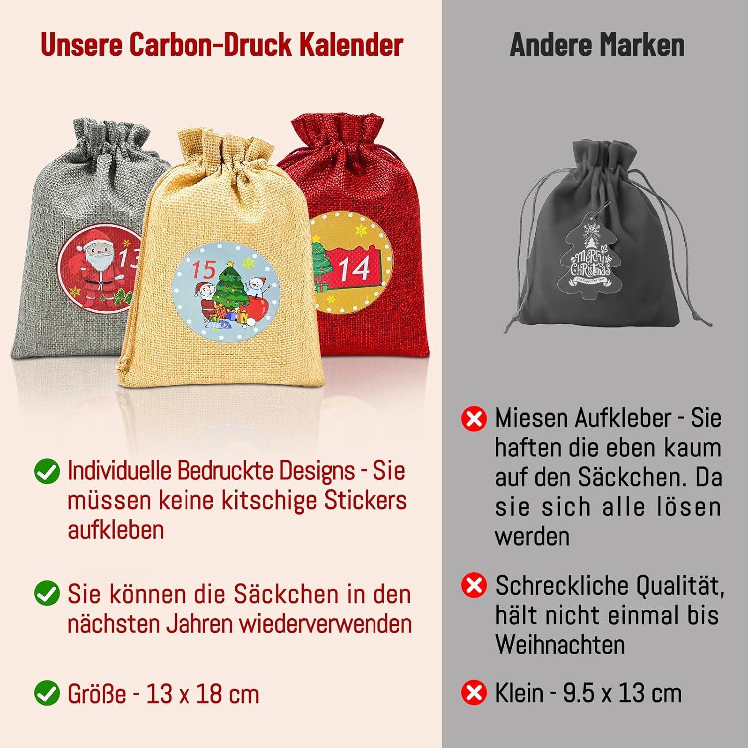 Adventskalender Stoffbeutel 24 Weihnachtskalender zum Befüllen 18x13CM