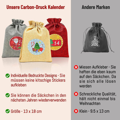 Adventskalender Stoffbeutel 24 Weihnachtskalender zum Befüllen 18x13CM