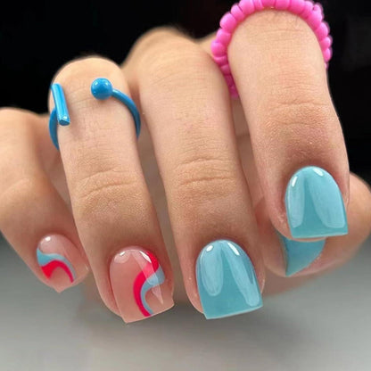 24er Set Eckige French Tips Press on Nägel Blau Rot - Glänzende Full