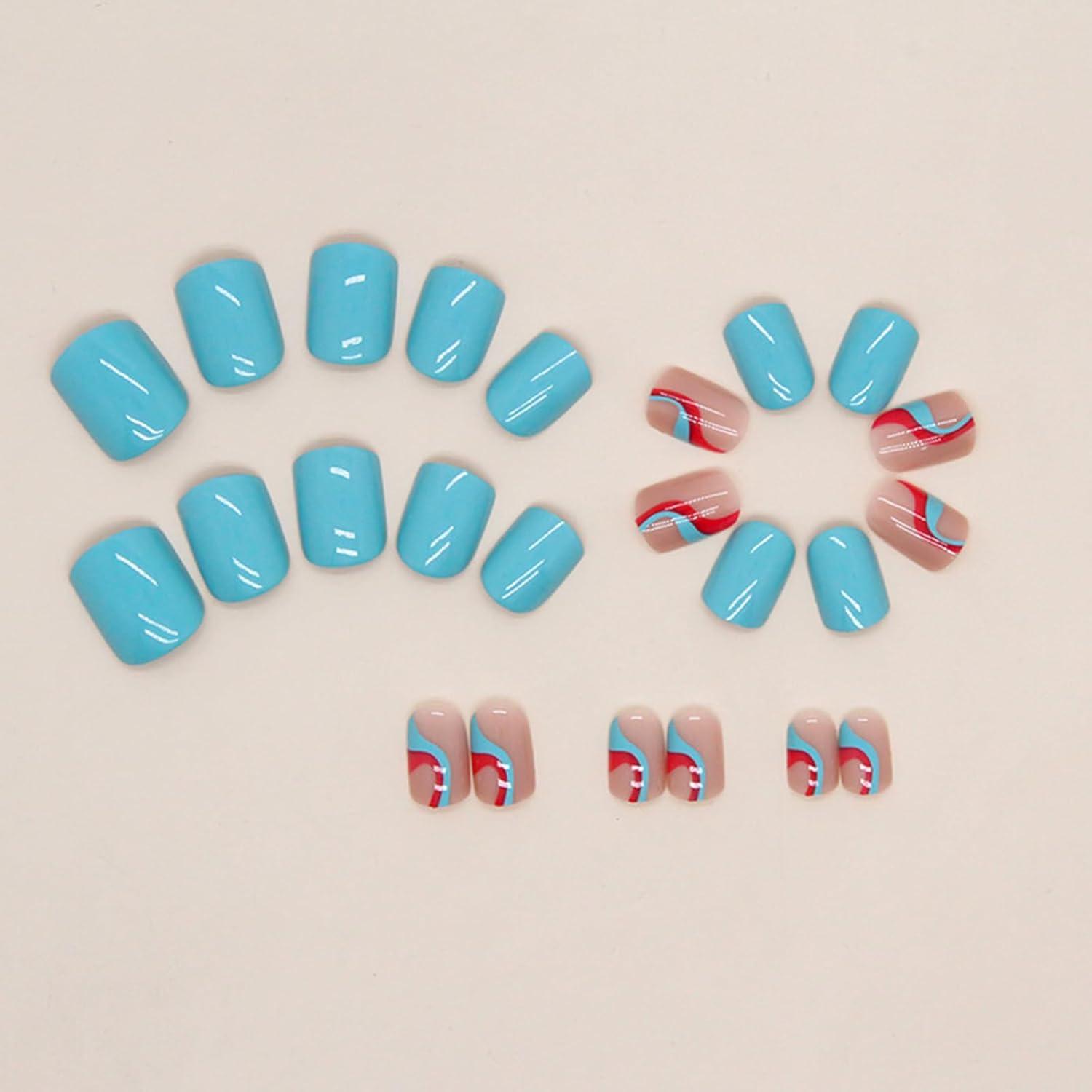 24er Set Eckige French Tips Press on Nägel Blau Rot - Glänzende Full